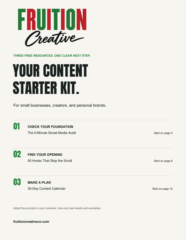 Fruition Creative Content Starter Kit cover listing the 5-Minute Social Media Audit, 50 Hooks and 30-Day Content Calendar
